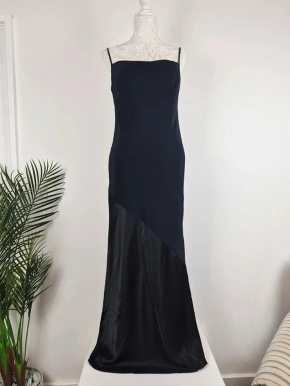 Sleek Black Maxi Slip Dress with Satin Panel